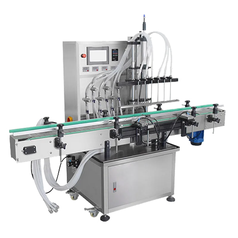Automatic linear liquid detergent filling machine with four nozzles and conveyor