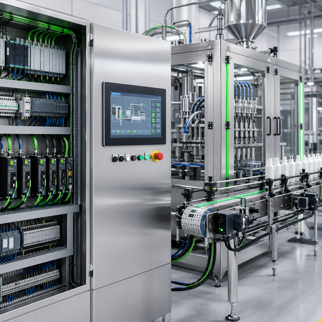 Automated filling machines with control cabinet and HMI panel