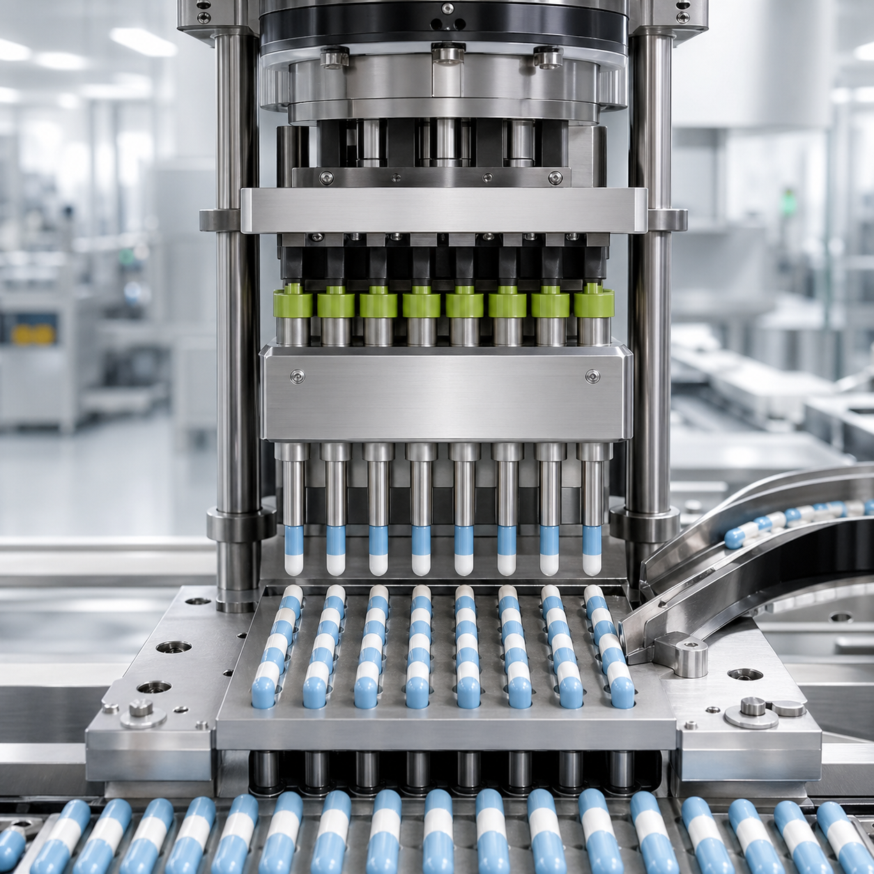 Capsule filling equipment station with capsules arranged on a production line