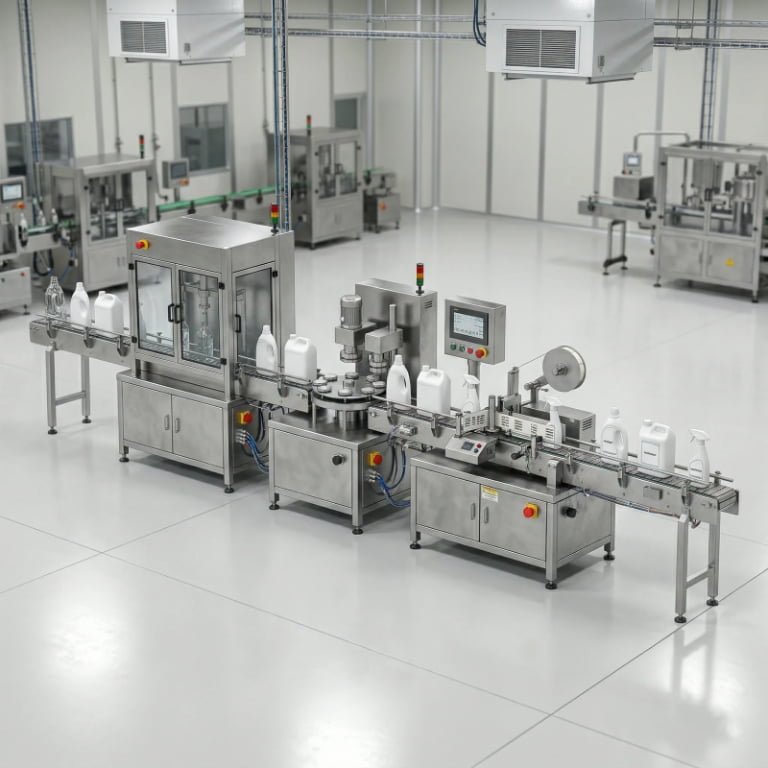 Detergent and household chemical packaging line in a clean modern factory