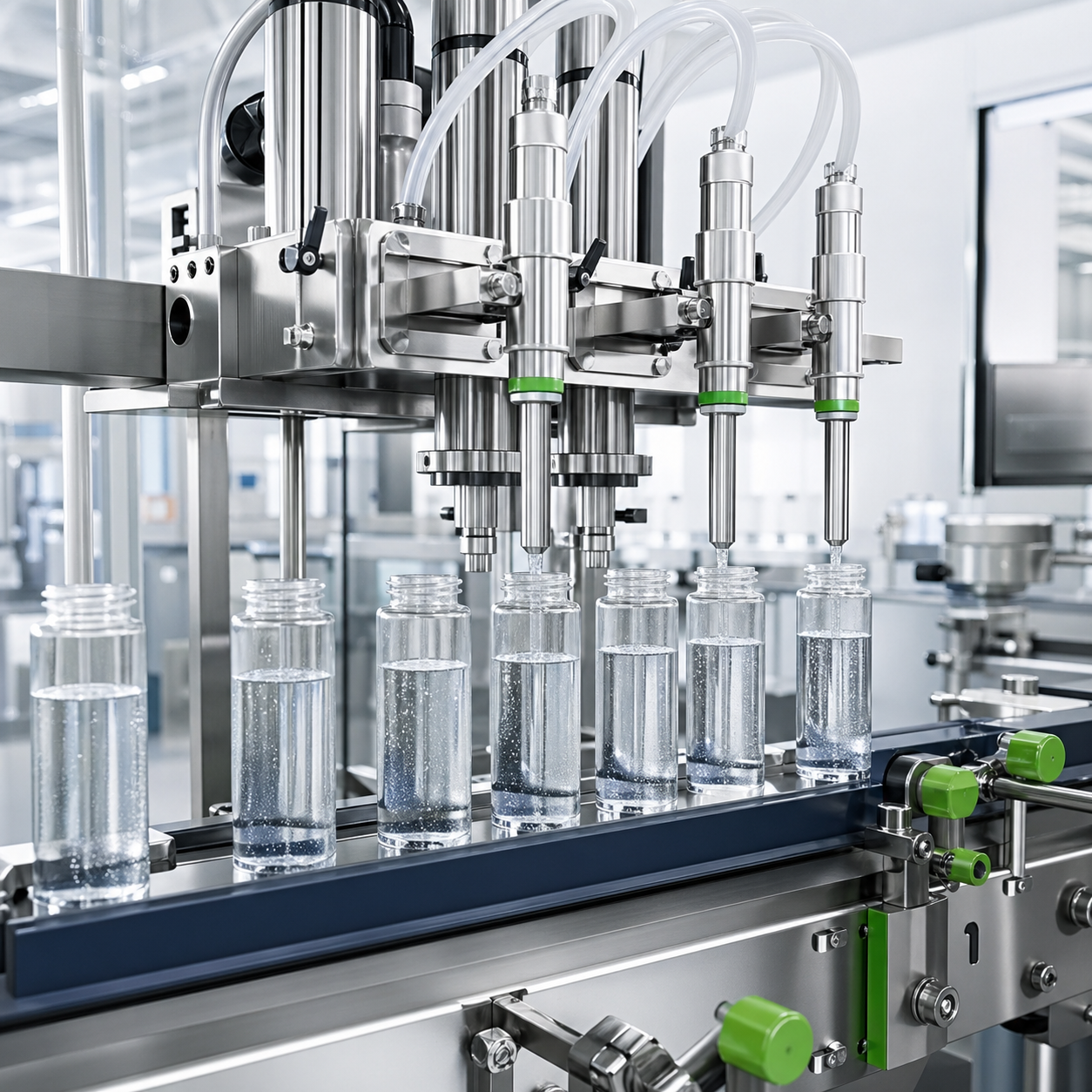 Liquid filling equipment dispensing liquid into bottles on a production line