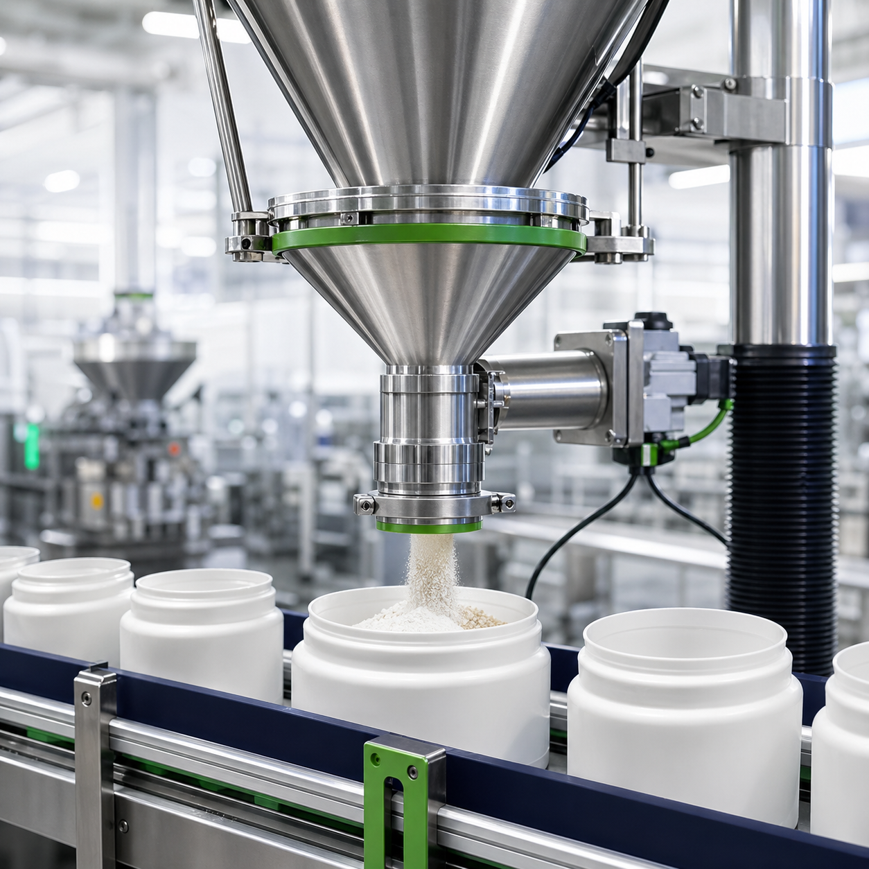 Powder filling equipment dosing product into containers