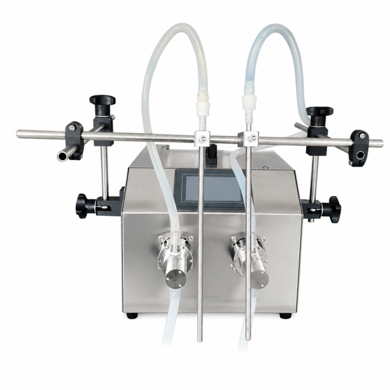 Dual-head liquid filling machine with flexible filling tubes on white background