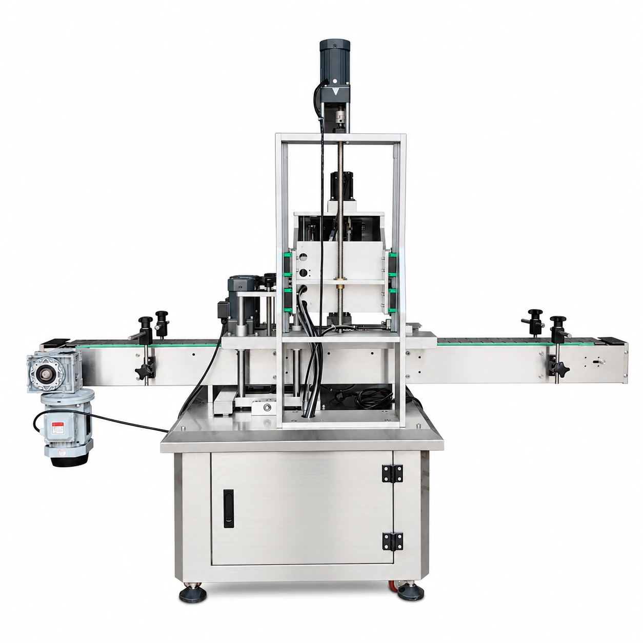 Automatic bottle capping machine rear view on white background
