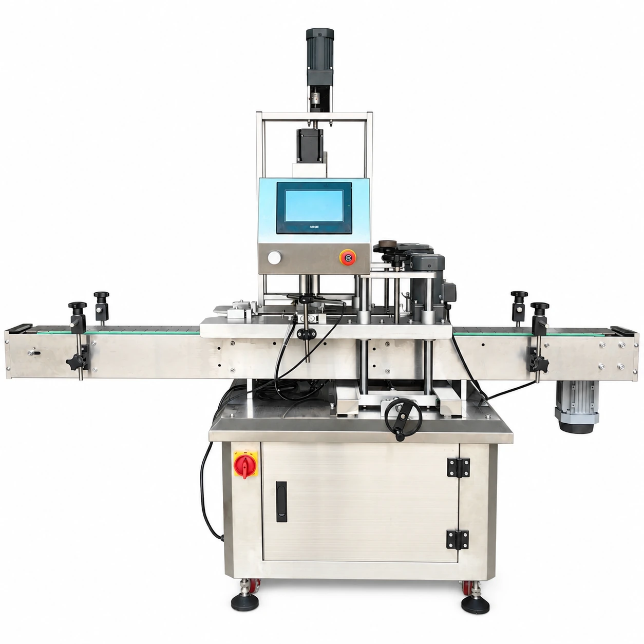 Automatic servo bottle capping machine on white background
