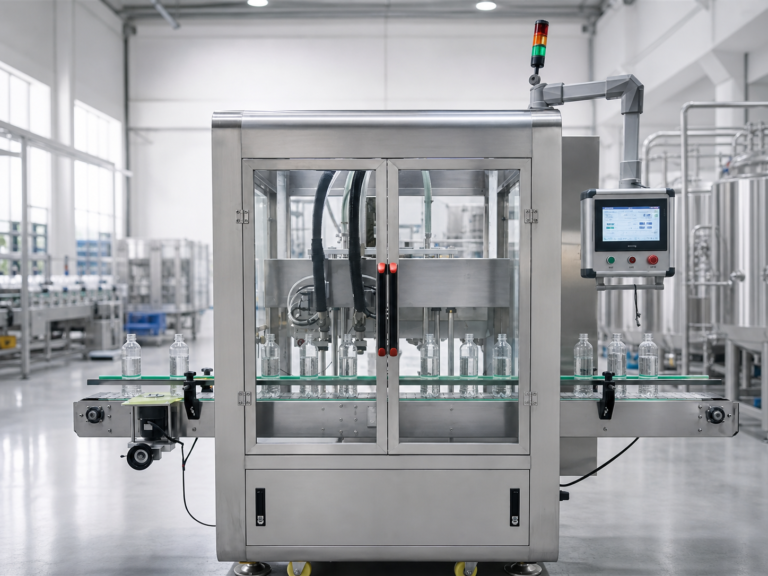 Automatic bottling machine with conveyor and bottles in a clean production workshop
