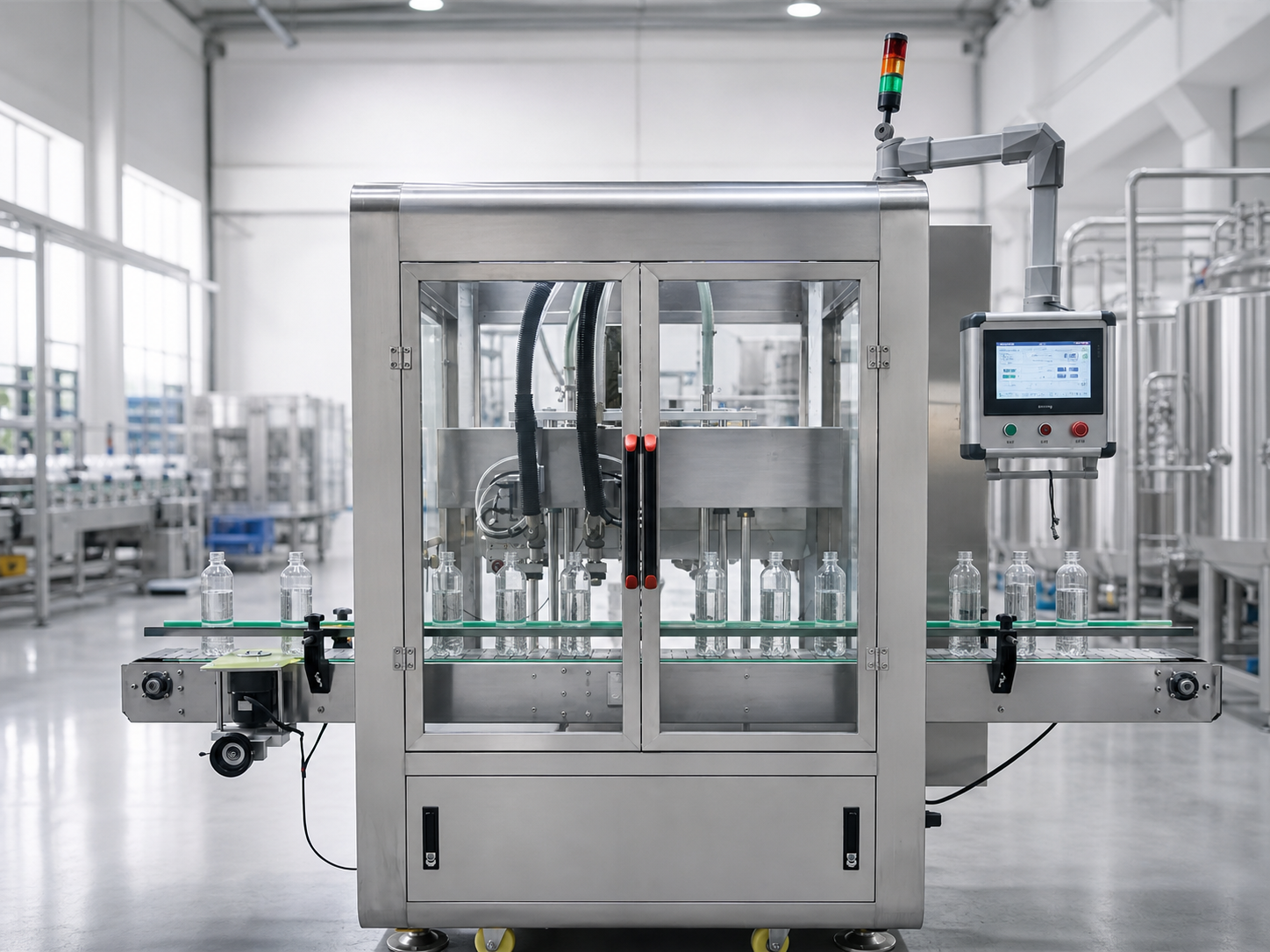 Automatic bottling machine with conveyor and bottles in a clean production workshop