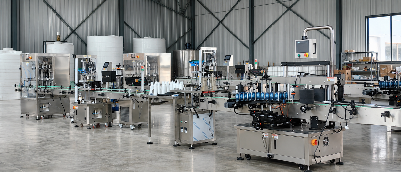 Automatic filling capping sealing labeling and coding line in factory workshop