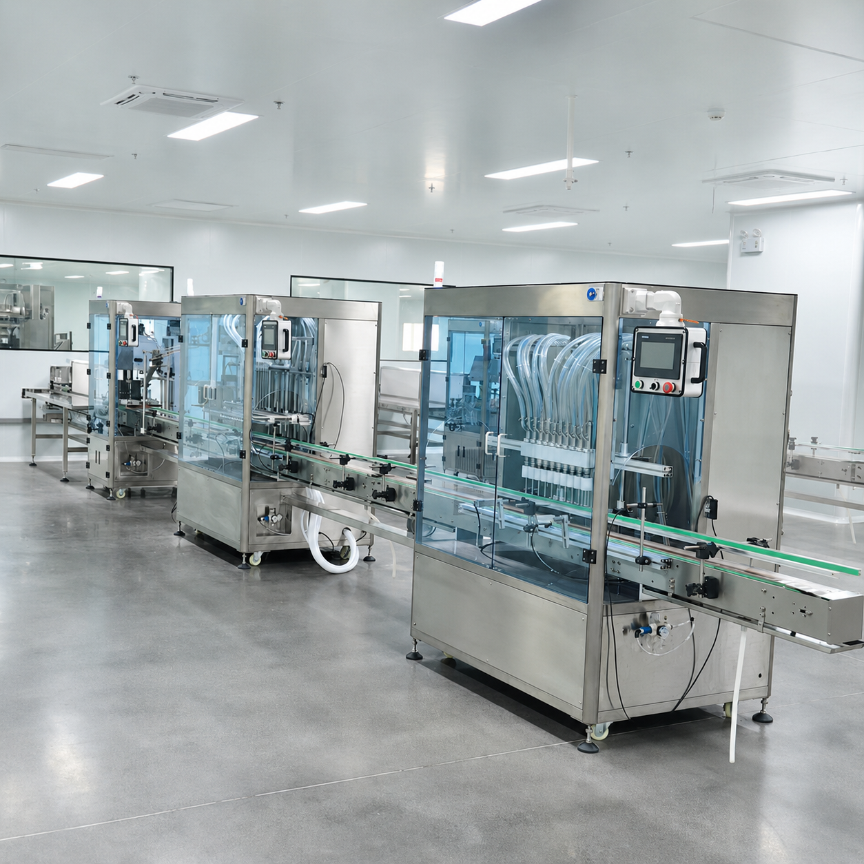 automatic liquid filling line cleanroom scene with bottle filling equipment