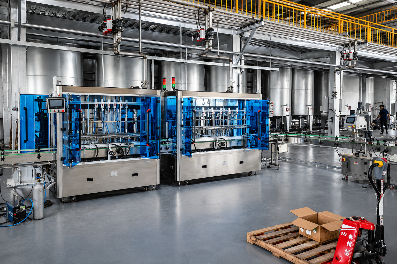 Automatic liquid filling line with stainless steel tanks and conveyors in a factory