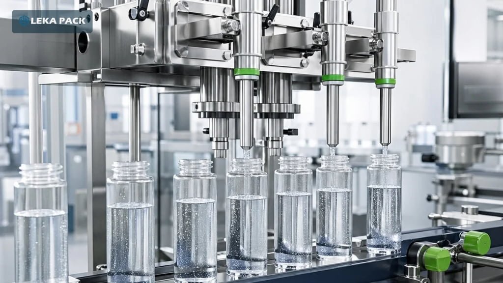 Automatic bottle filling machine filling bottles on a packaging line