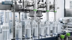 Automatic bottle filling machine filling bottles on a packaging line