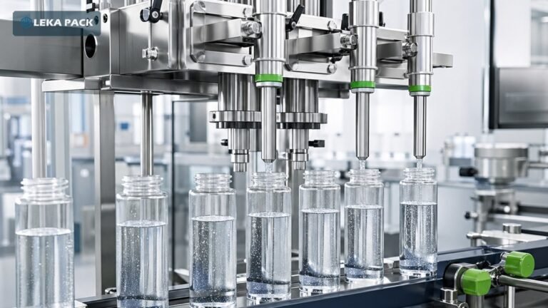 Automatic bottle filling machine filling bottles on a packaging line