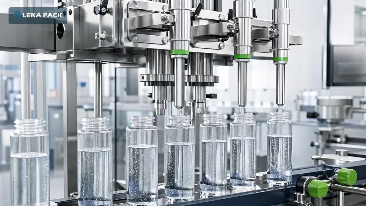 Automatic bottle filling machine filling bottles on a packaging line