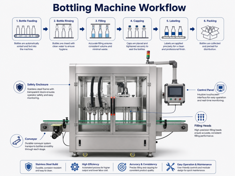 Bottling machine workflow diagram showing bottle feeding rinsing filling capping labeling and packing