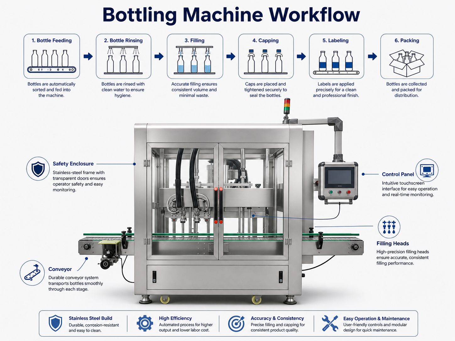 Bottling machine workflow diagram showing bottle feeding rinsing filling capping labeling and packing