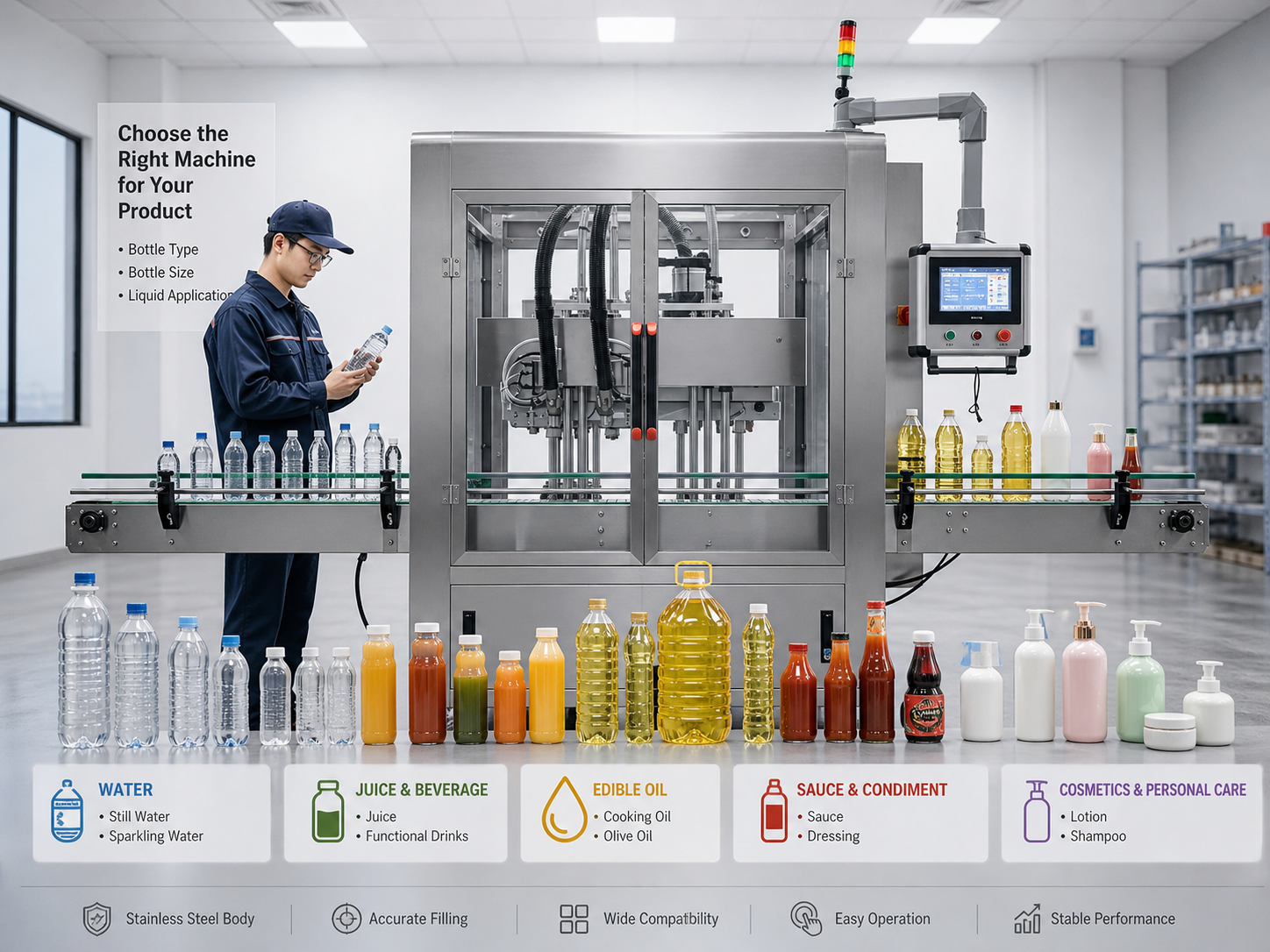 Choosing a bottling machine for different bottle types sizes and liquid products