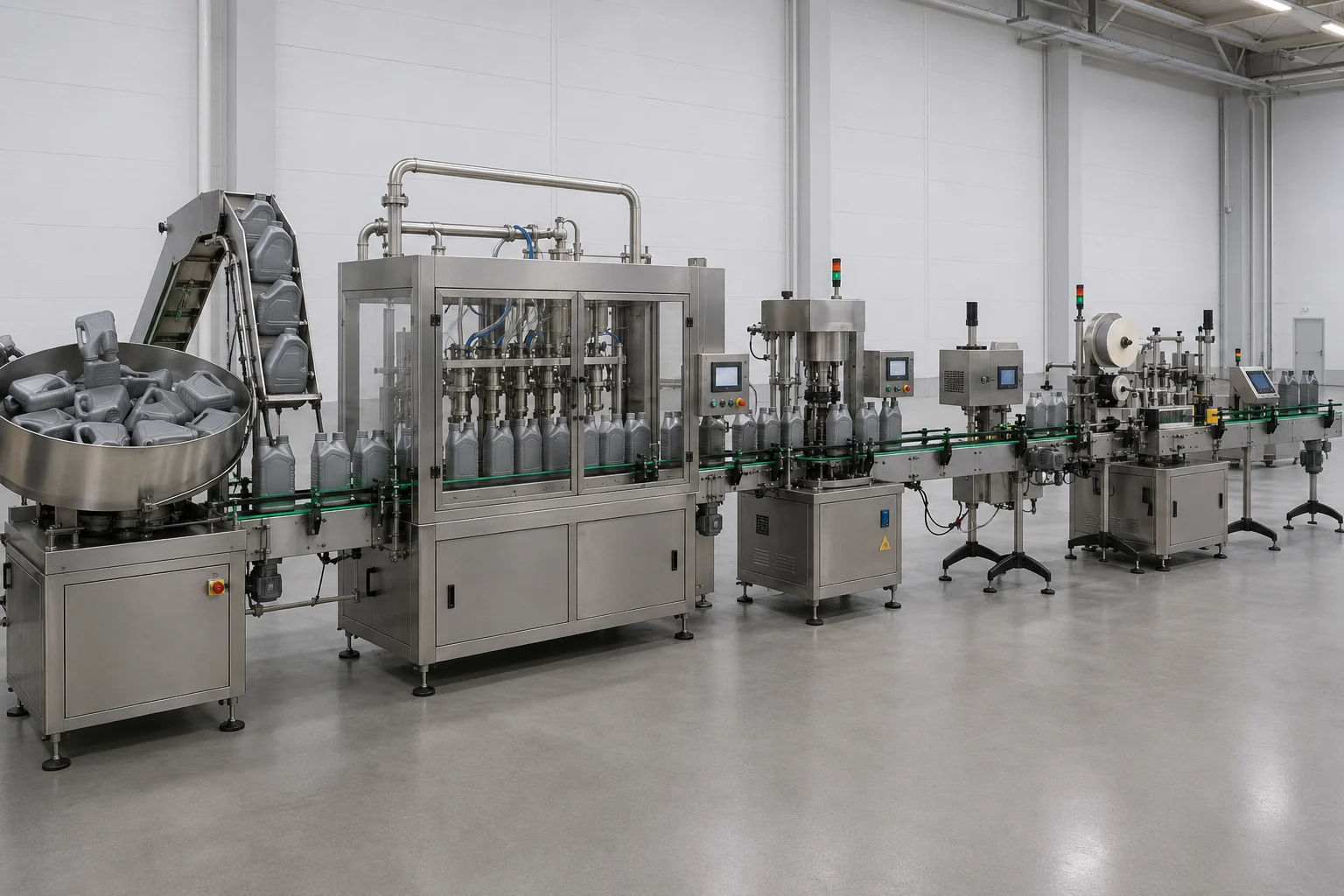 Automatic bottle filling, capping and labeling packaging line