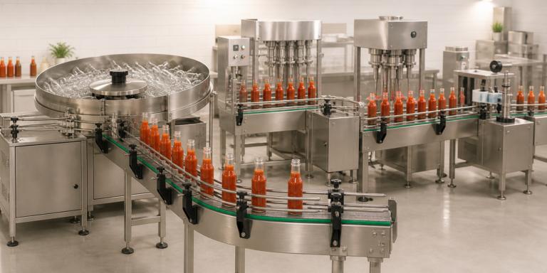 Complete sauce bottling line with bottle feeding filling and labeling equipment