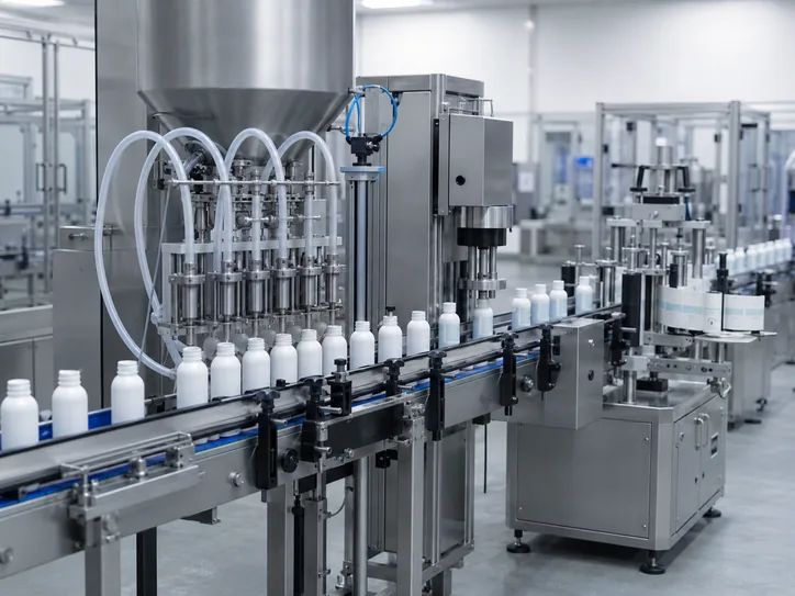 Cosmetic filling capping and labeling line for bottled personal care products