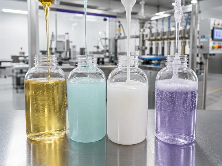 Cosmetic liquid samples showing different viscosity and foaming behavior for filling machine selection