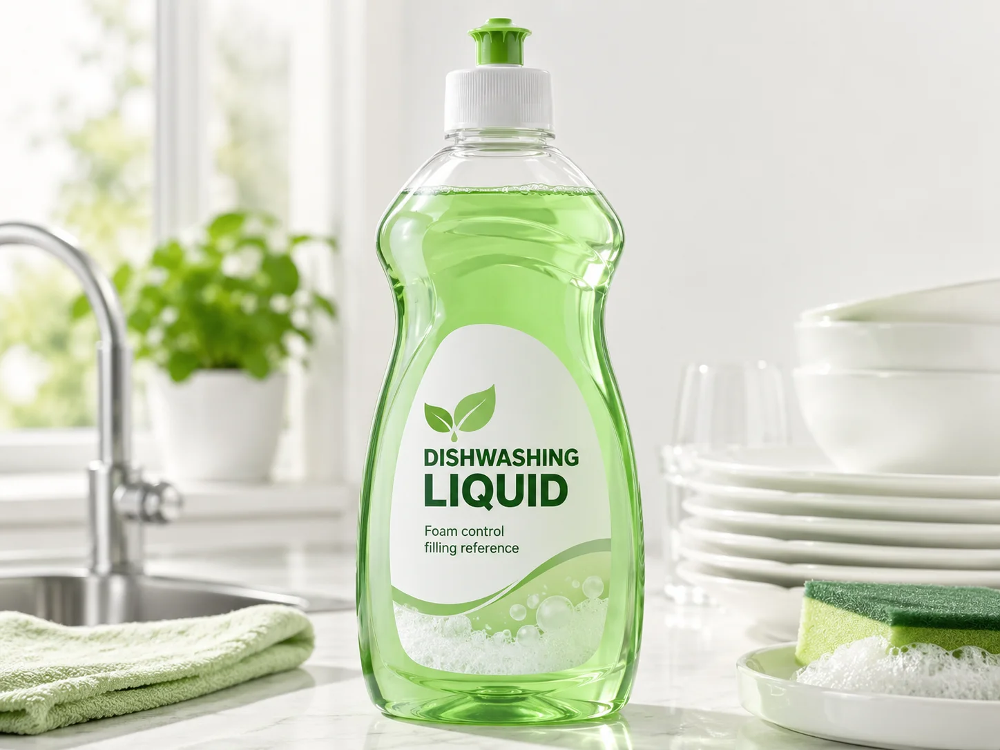 Dishwashing liquid bottle for foam control filling machine