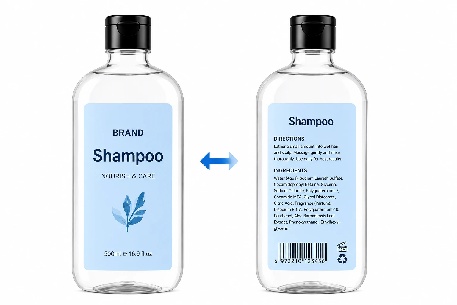 Flat and oval bottles with front and back labeling guide