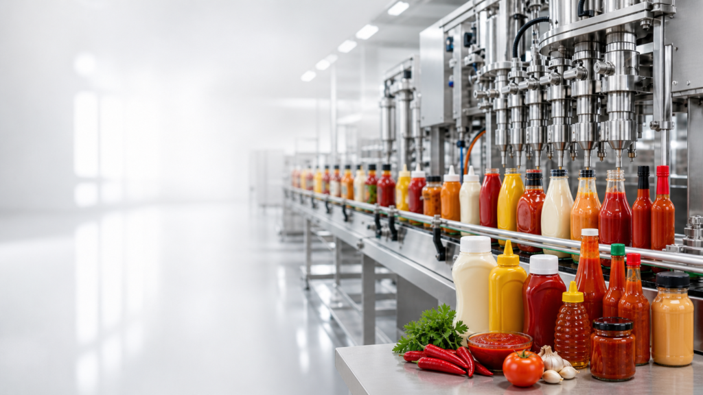 BBQ sauce bottling equipment line filling condiment bottles in a clean food factory