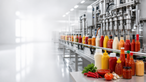 BBQ sauce bottling equipment line filling condiment bottles in a clean food factory