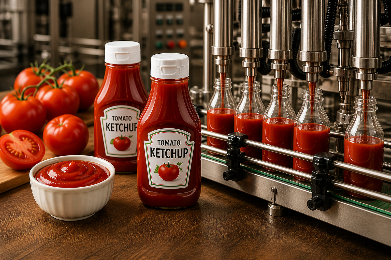 Ketchup bottling with sauce filling machine nozzles