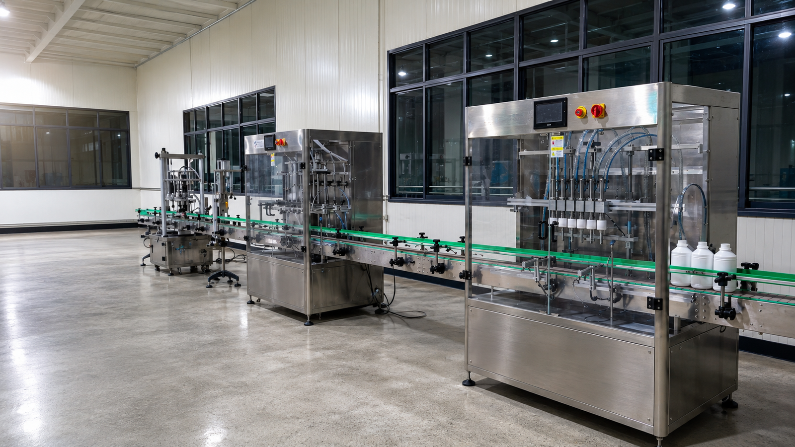 Automatic bottle filling, capping and labeling packaging line