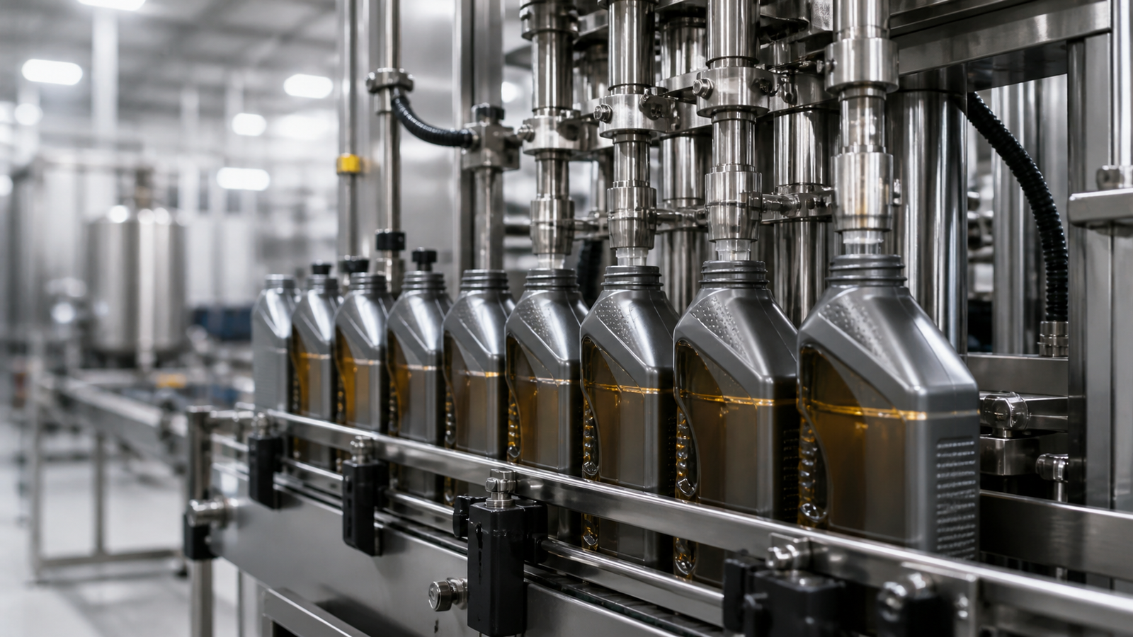 Lubricant oil filling machine application for industrial oil bottles