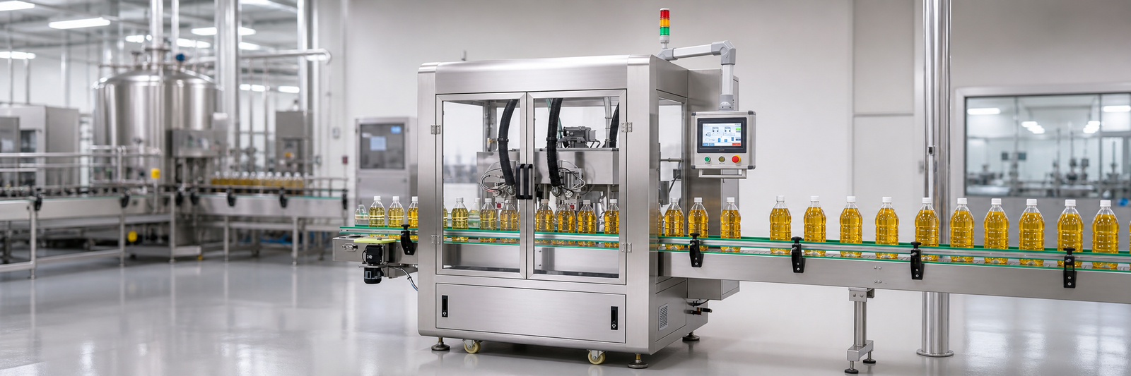 Edible oil filling machine project overview with bottle conveyor