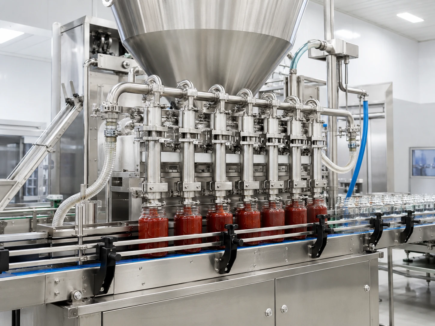 Piston sauce filling machine for glass jars