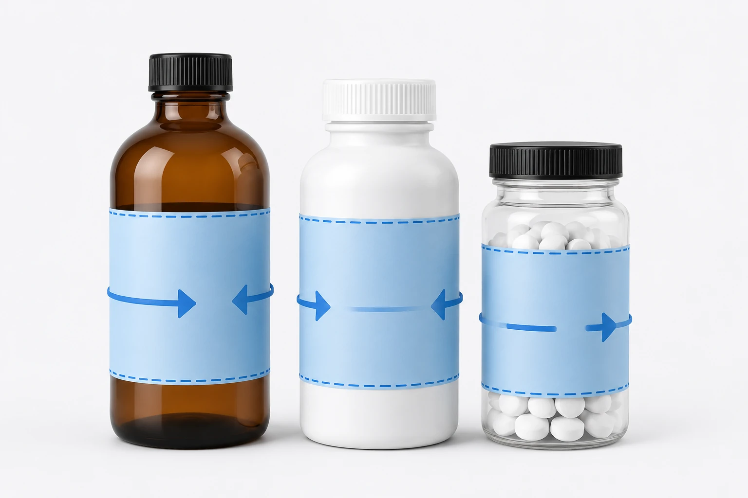 Round bottles and jars with wrap around labeling guide