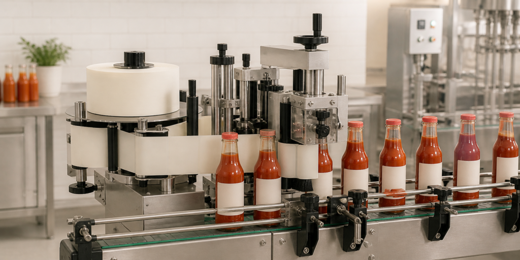 Sauce bottles being labeled on an automatic labeling machine