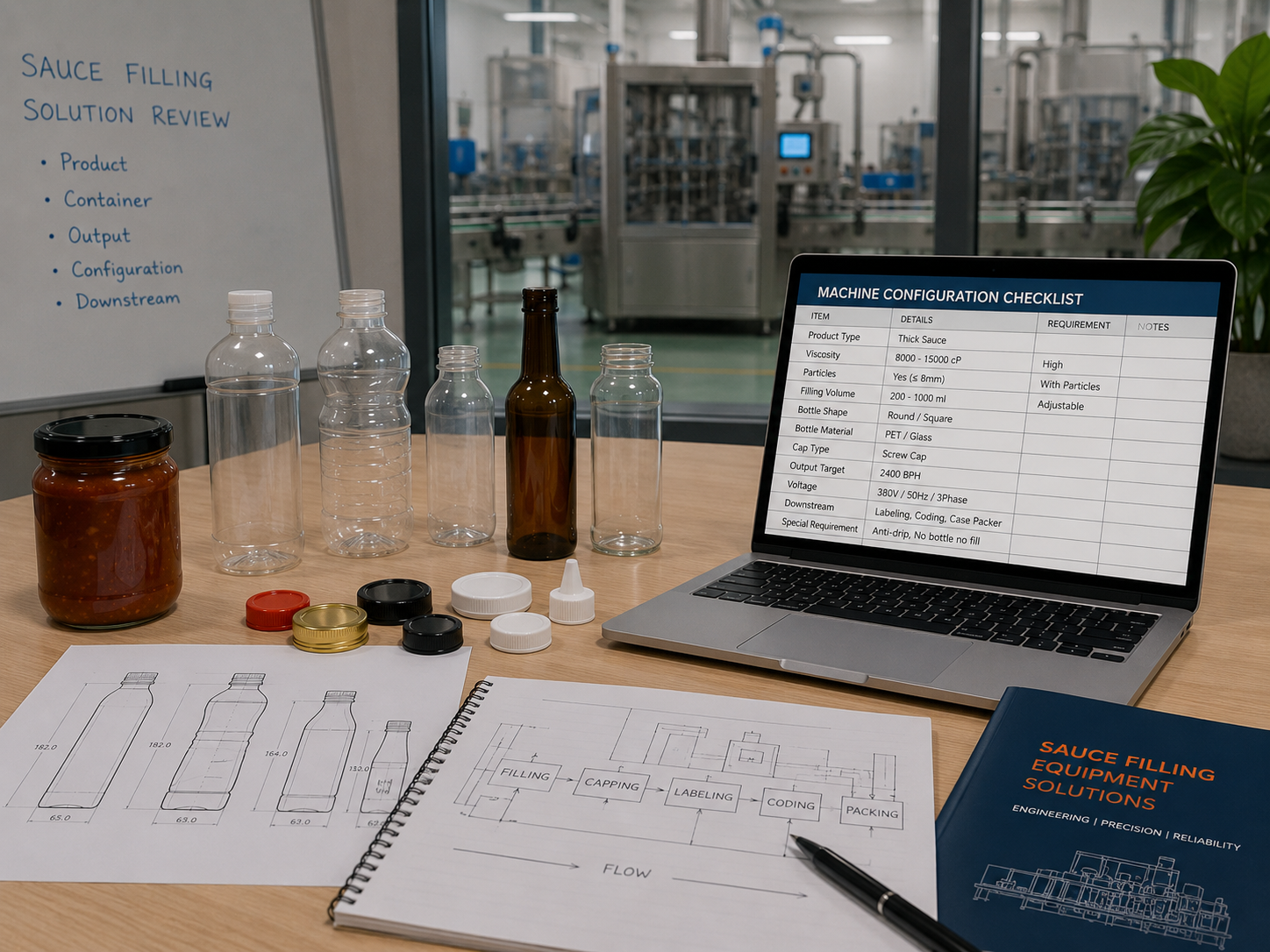 Sauce filling equipment review setup with sauce sample bottle cap and machine configuration notes