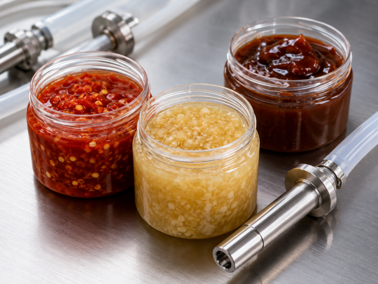 Sauce samples with chili seeds and garlic particles prepared for filling machine testing