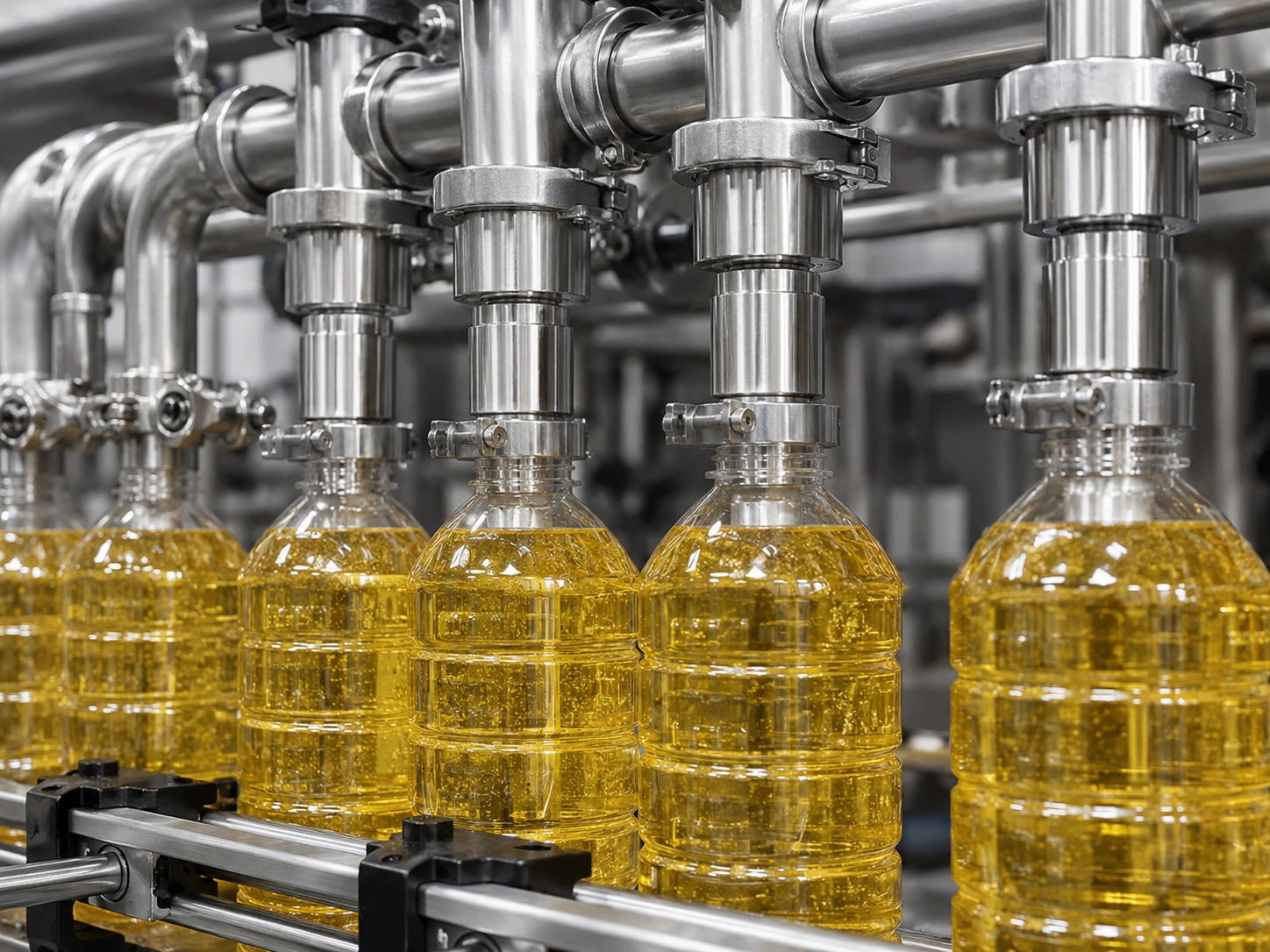 Anti-Drip Filling Nozzles for Edible Oil Bottling Anti-drip filling nozzles on an edible oil bottling machine for cleaner PET bottle filling