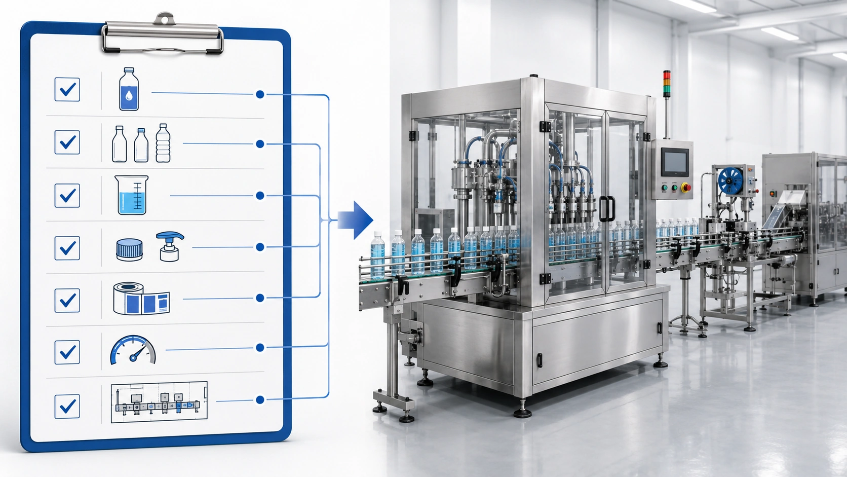 Illustration of an inline labeling machine connected with filling and capping line