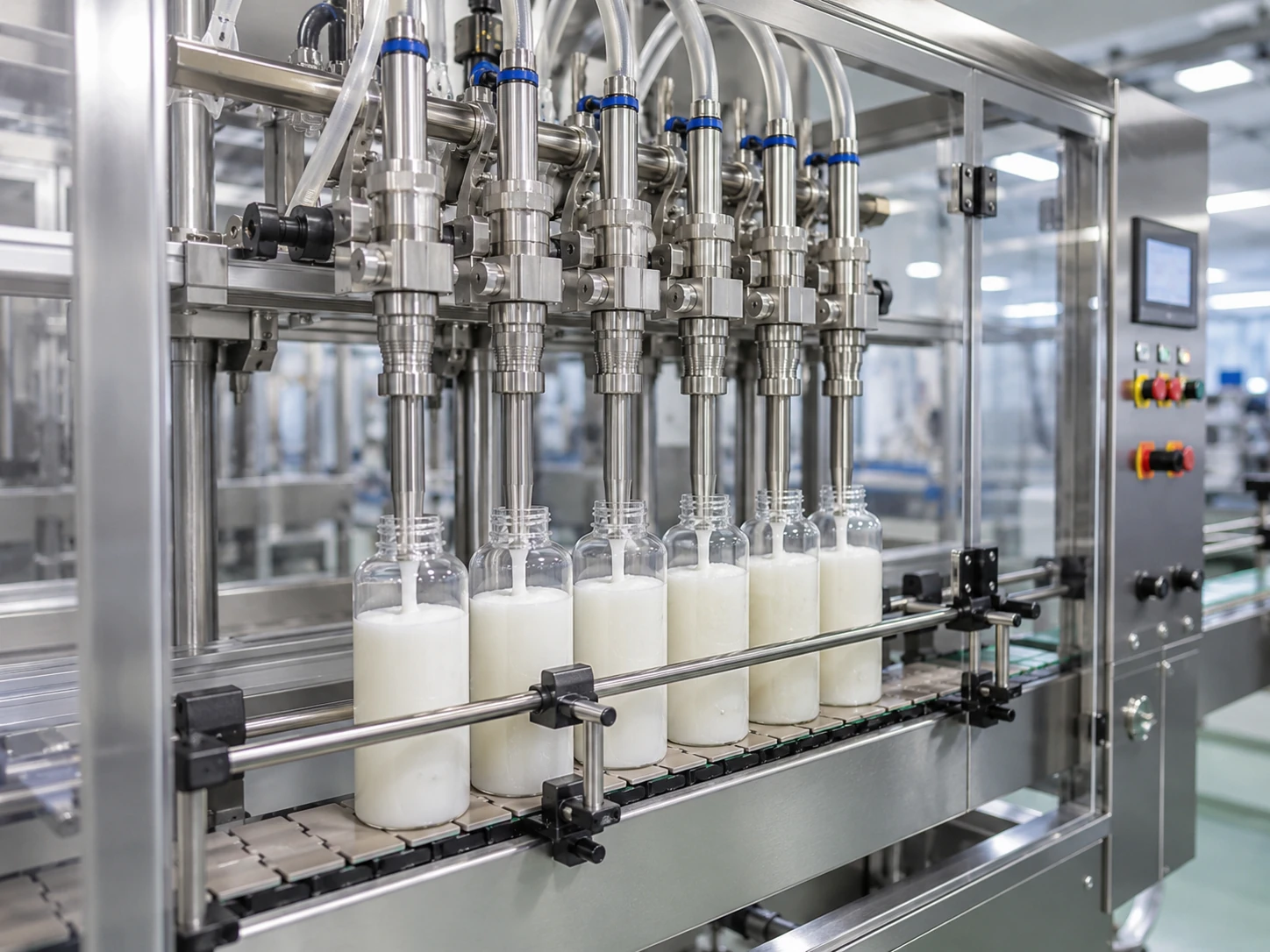 Automatic multi-head linear liquid soap filling machine on a bottling line