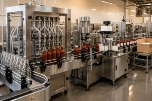 Complete sauce filling and packaging line for bottled sauce production