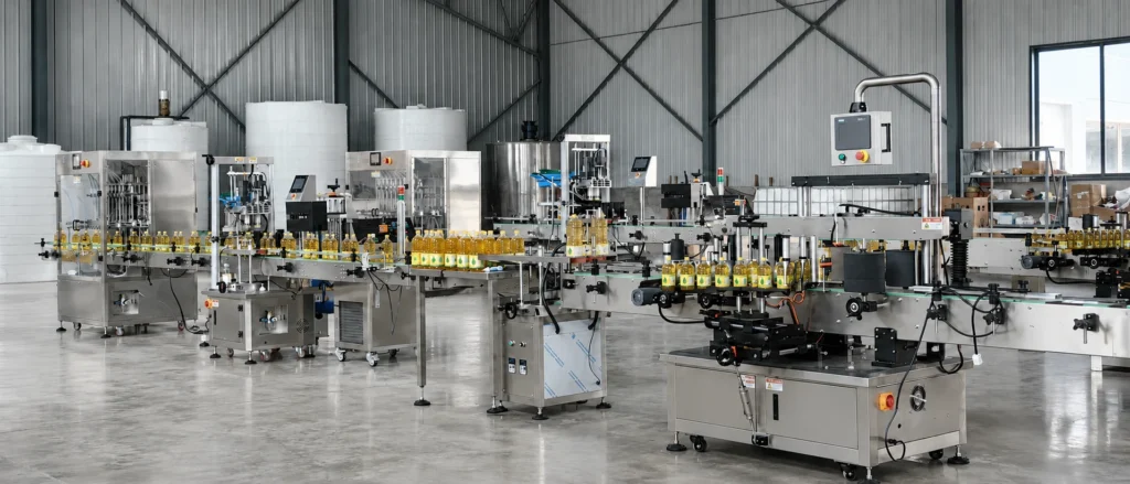 Cooking oil packaging line filling, capping and labeling PET bottles