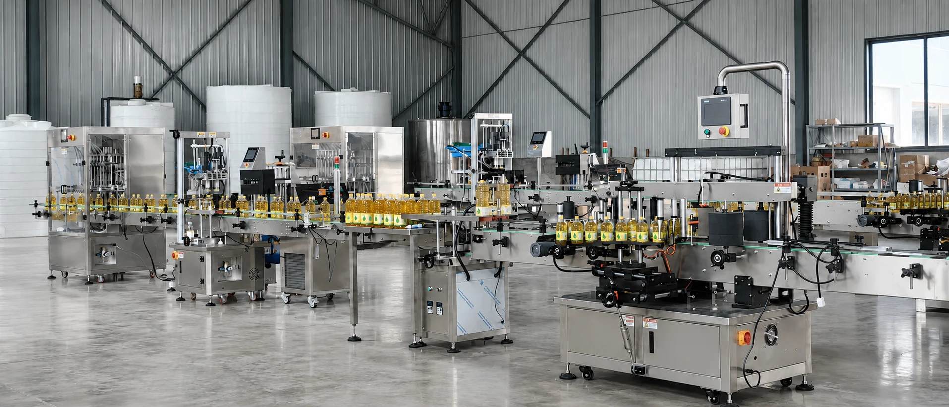 Cooking oil packaging line filling, capping and labeling PET bottles