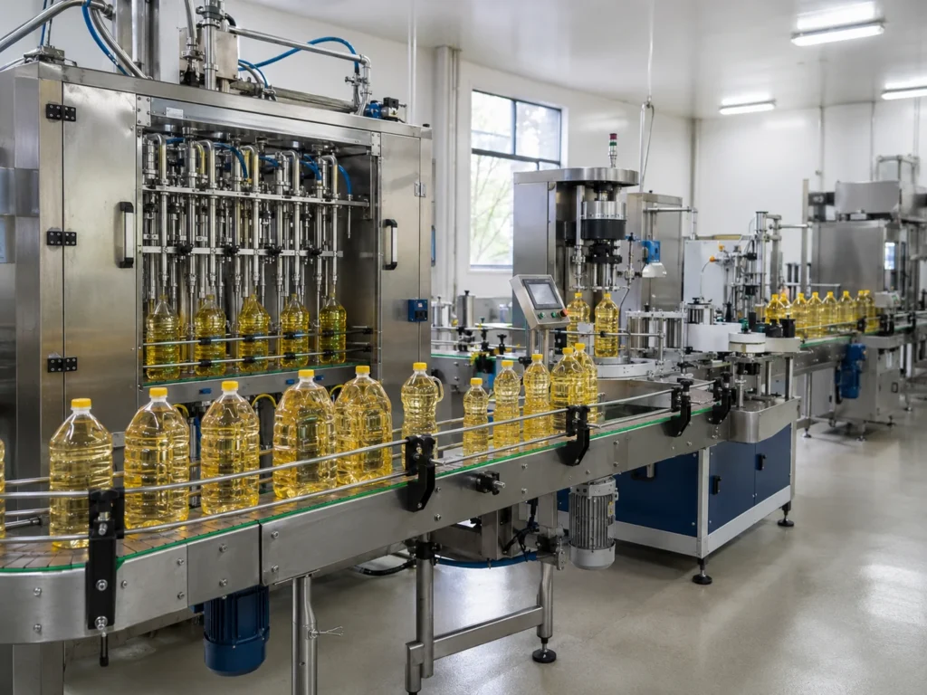 Edible oil bottle filling machine for PET bottles in an automatic filling, capping and labeling line