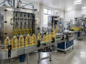 Edible oil bottle filling machine for PET bottles in an automatic filling, capping and labeling line