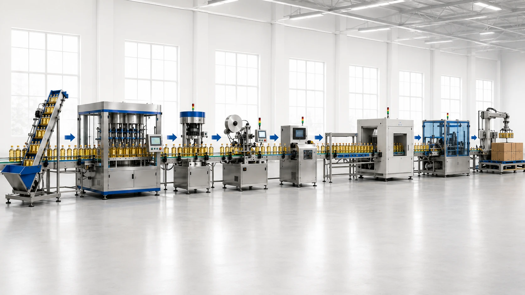 Edible Oil PET Bottle Packaging Line Workflow Edible oil PET bottle packaging line workflow from bottle feeding to case packing