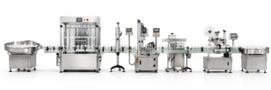 LEKA automatic bottle filling capping and labeling line with turntables and conveyor