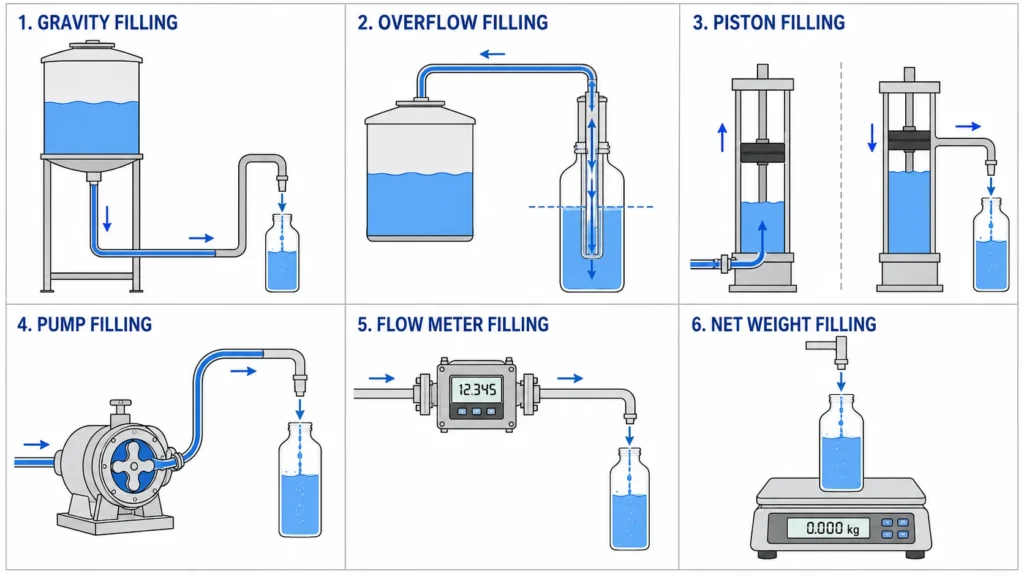 Diagram comparing gravity filling, overflow filling, piston filling, pump filling, flow meter filling, and net weight filling methods