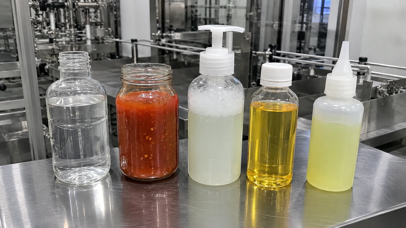 Product samples showing viscosity foaming particles and corrosive liquid considerations for filling machine selection